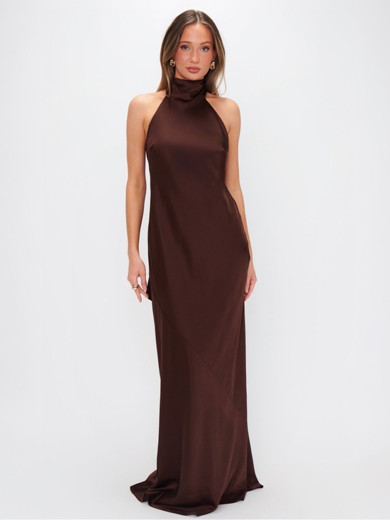 Show Me Your MuMu Dresses & Skirts - Show Me Your MuMu Lisa Chocolate Satin Halter Maxi Dress Sz L MSRP $198 NEW